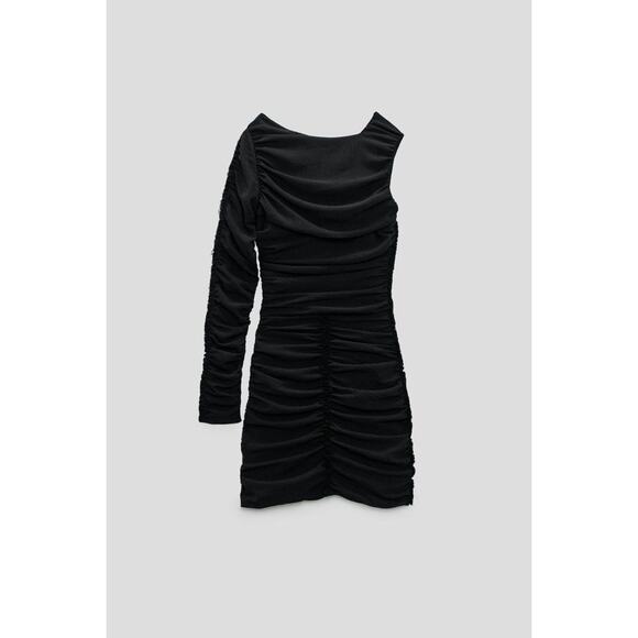 Zara Size XS Draped Ruched Sheath One Shoulder Dress Mini Black Long Sleeves - Picture 3 of 12